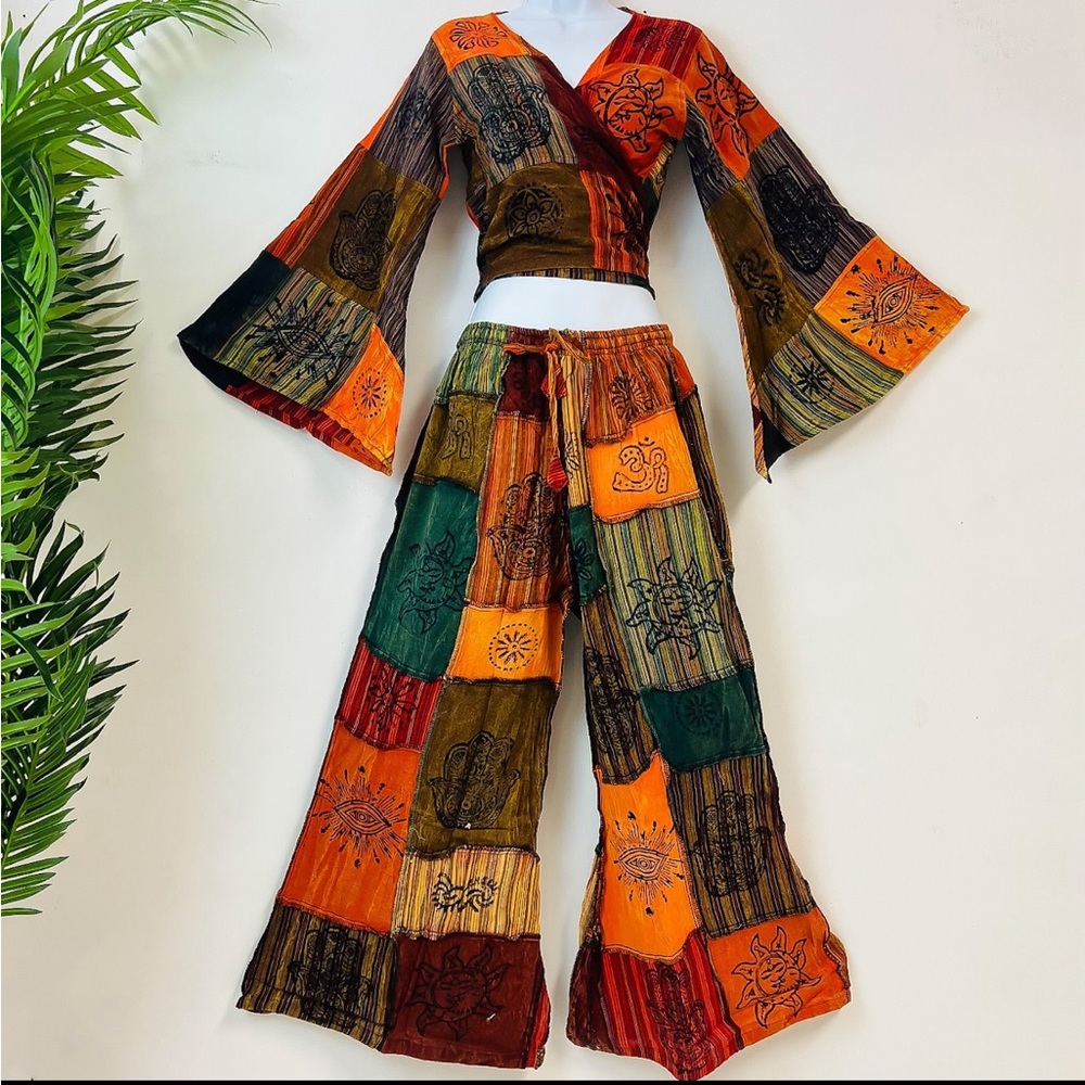 Worn One Time - Patchwork Palazzo Pants & Top - Size 3X - Bell Sleeves